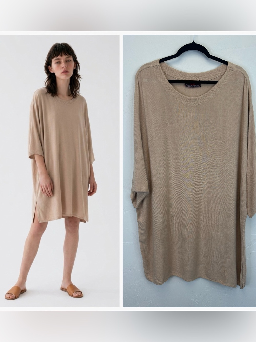 Oversized Tunic Top Beige Cotton Soft Lagenlook Minimalist Neutral Boho O/S